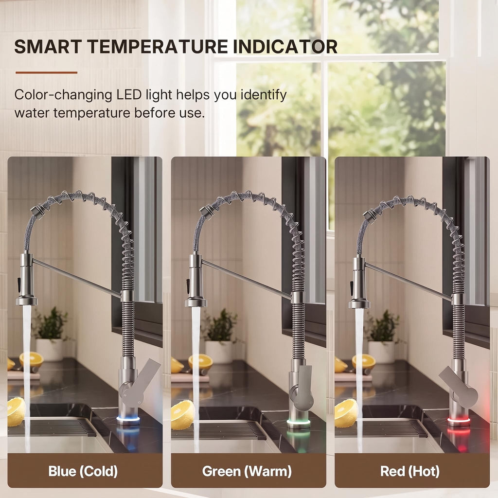 Contemporary Commercial-Style 2-Function Single-Handle Pull-Down Kitchen Faucet with LED Base LP3398-CF- Brushed Nickel