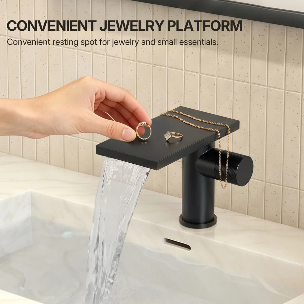 Single Hole Bathroom Faucet, Single-Handle Waterfall Sink Faucet with Drain Assembly LPBK0021 - Matte Black