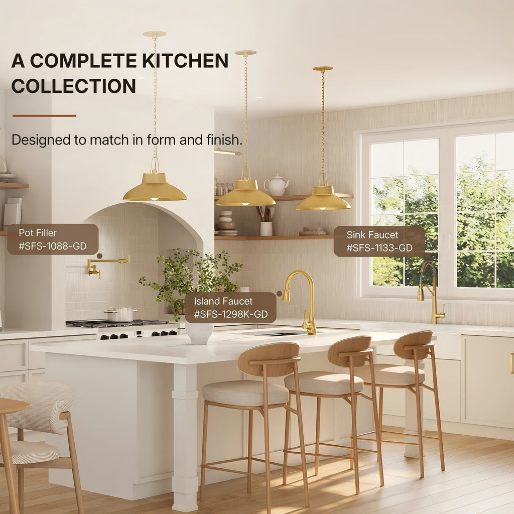 Commercial Dual-Function Pull Down Kitchen Faucet with High Arc Spring Spout LP03345-CF - Brushed Gold
