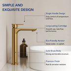 Single Hole Vessel Bathroom Faucet, Single Handle Bathroom Sink Faucet with Drain Assembly LP0096-YS - Brushed Gold