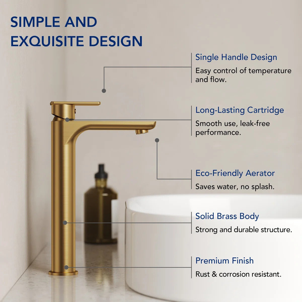 Single Hole Vessel Bathroom Faucet, Single Handle Bathroom Sink Faucet with Drain Assembly LP0096-YS - Brushed Gold