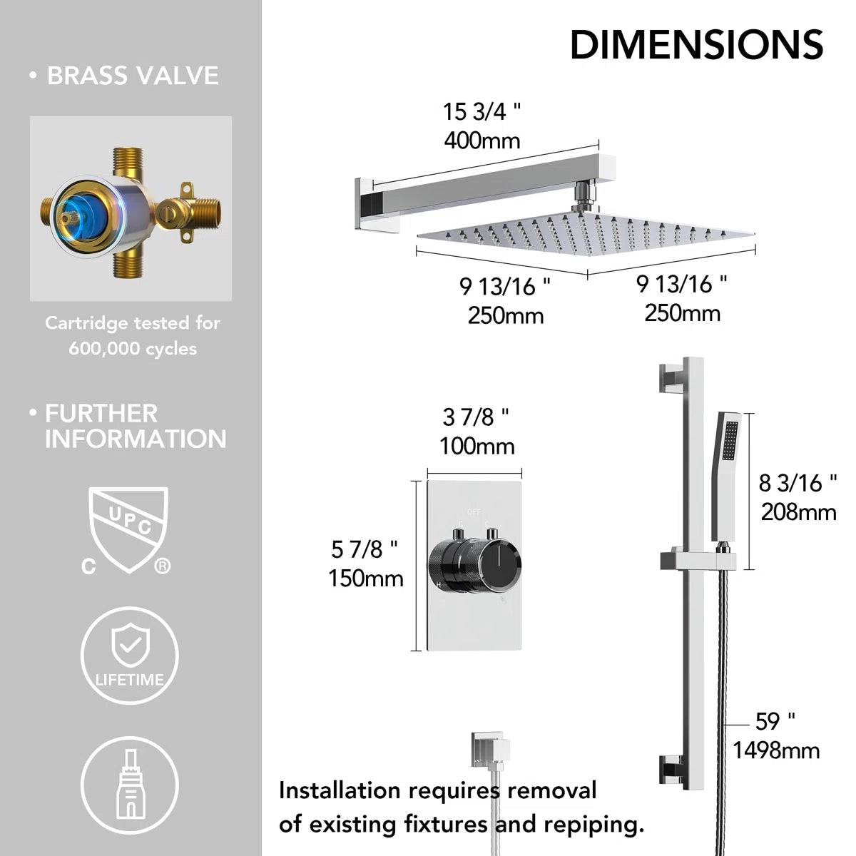 Wall Mount High-Pressure Rainfall Shower Faucet, Dual Showerheads System with Handheld Shower LP9875-LY - Chrome