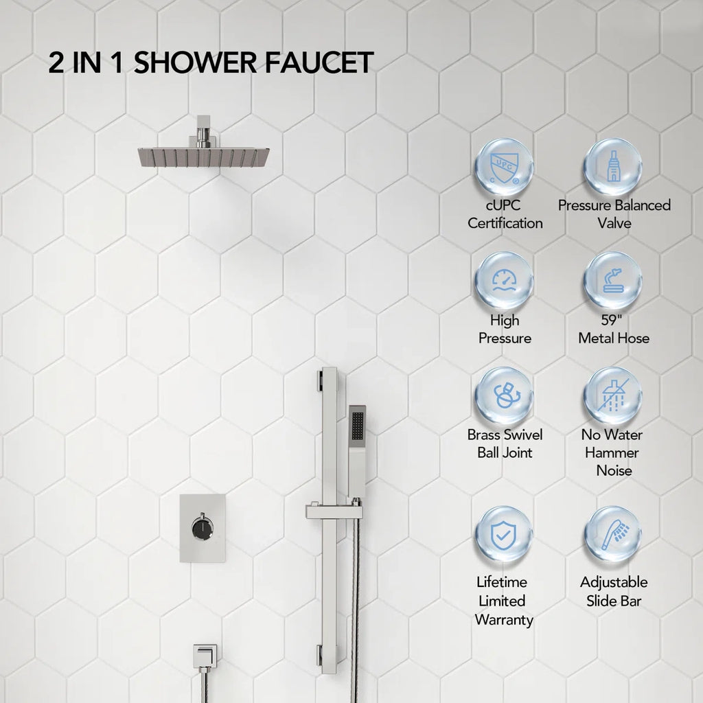10" Pressure-Balanced Rain Shower System with Adjustable Slide Bar Handheld Shower and Rough-In Valve LP06685-LY - Chrome