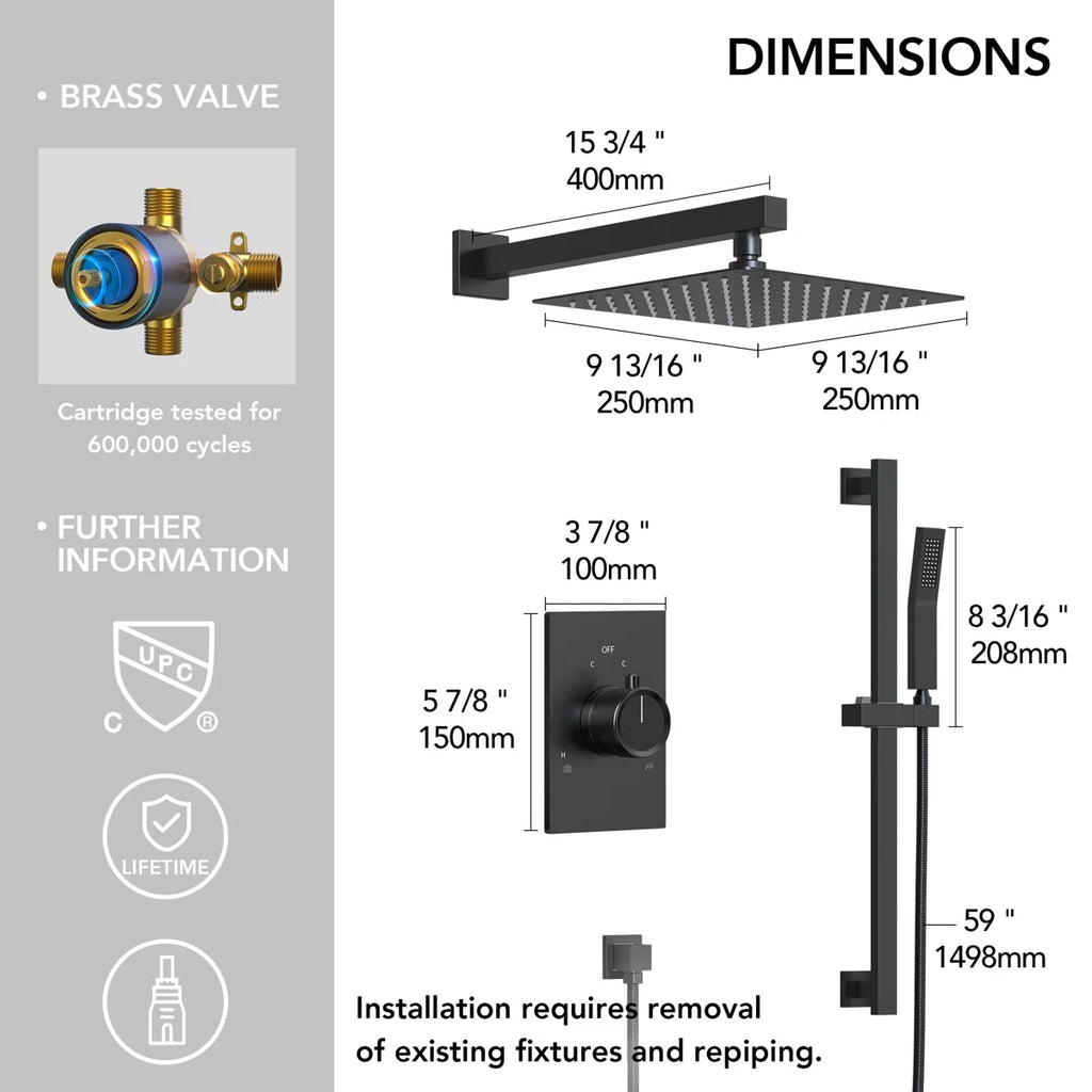 10" Pressure-Balanced Rain Shower System with Adjustable Slide Bar Handheld Shower and Rough-In Valve LP0665-LY - Matte Black