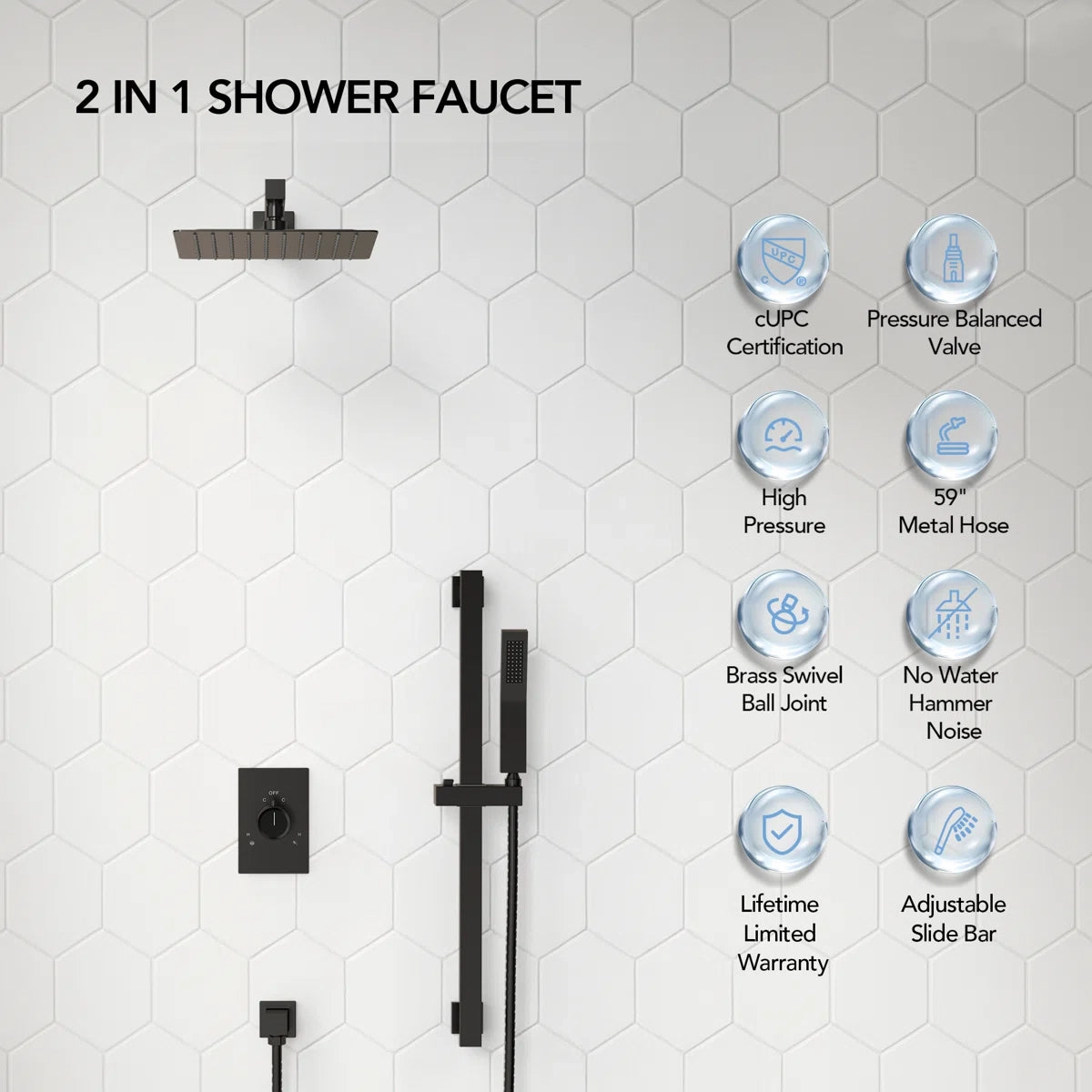 10" Pressure-Balanced Rain Shower System with Adjustable Slide Bar Handheld Shower and Rough-In Valve LP0665-LY - Matte Black