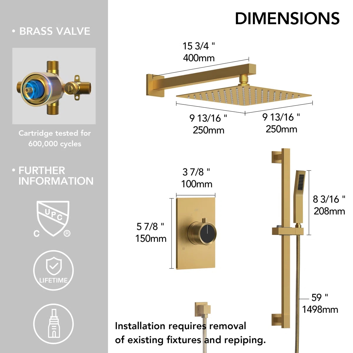Wall Mount High-Pressure Rainfall Shower Faucet, Dual Showerheads System with Handheld Shower LP02210-LY - Brushed Gold