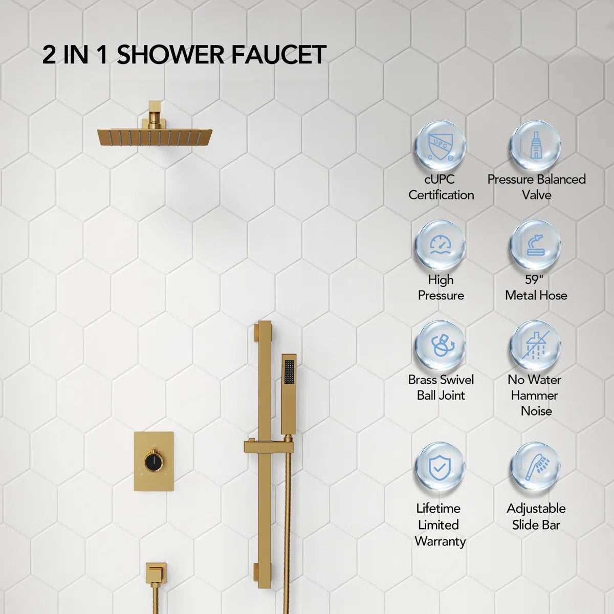 Wall Mount High-Pressure Rainfall Shower Faucet, Dual Showerheads System with Handheld Shower LP02210-LY - Brushed Gold
