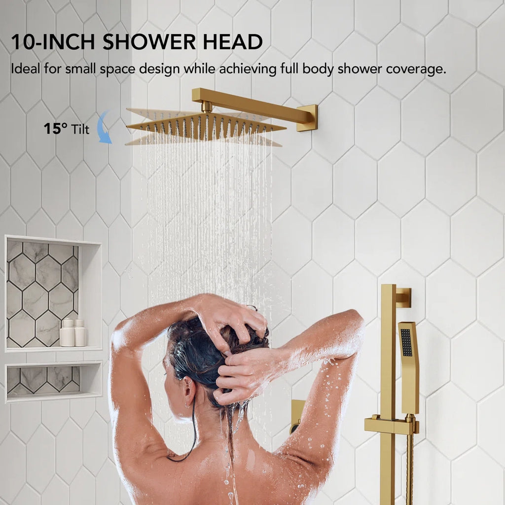 Wall Mount High-Pressure Rainfall Shower Faucet, Dual Showerheads System with Handheld Shower LP02210-LY - Brushed Gold