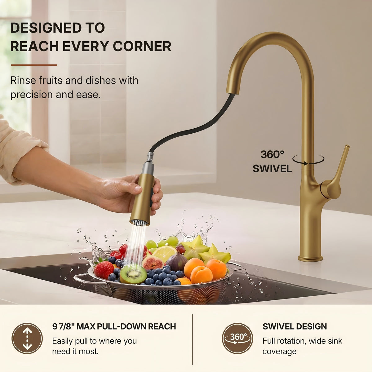 Pull Down Single Handle Kitchen Faucet with Dual Function LP0996-CF - Brushed Gold