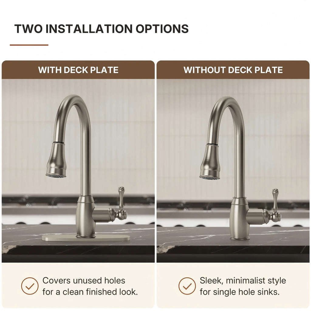 Dual-Function Single-Handle Pull-Down Kitchen Faucet with Deck Plate LP08812-CF- Brushed Nickel
