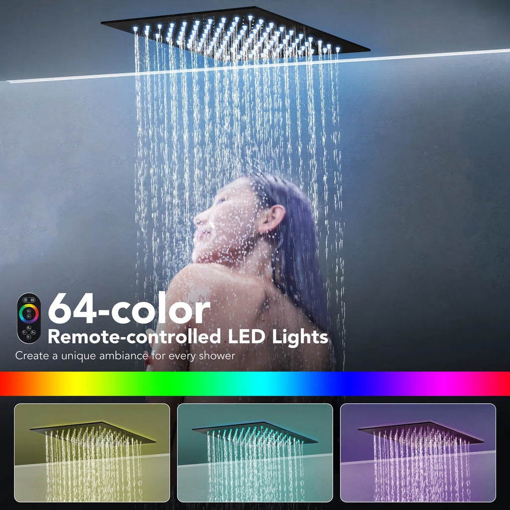 12" LED Ceiling-Mount Pressure-Balanced Rainfall Shower System with 6" Wall Shower Head and Slide Bar Handheld Shower LP05530-LY - Matte Black