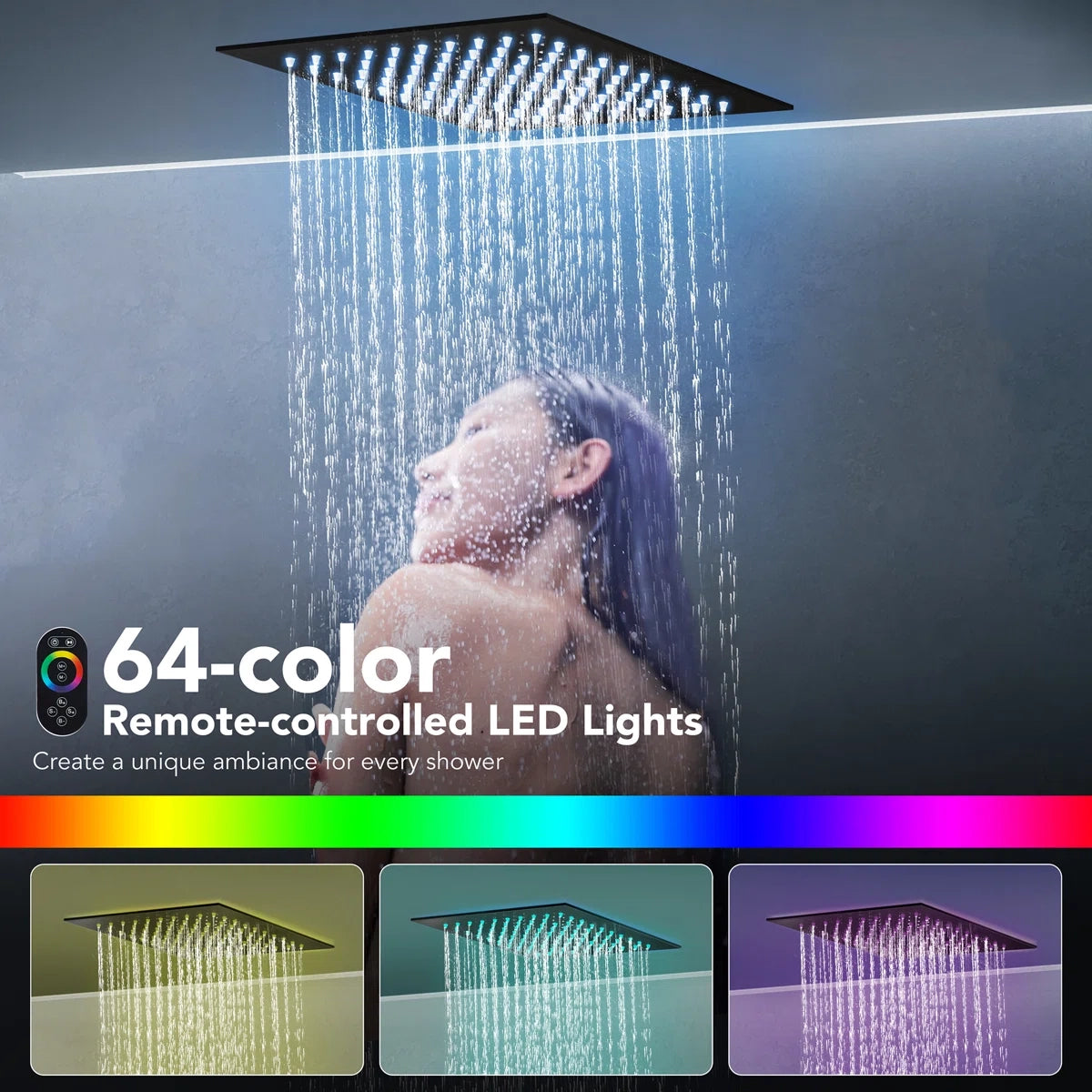 12" LED Ceiling-Mount Pressure-Balanced Rainfall Shower System with 6" Wall Shower Head and Slide Bar Handheld Shower LP05530-LY - Matte Black