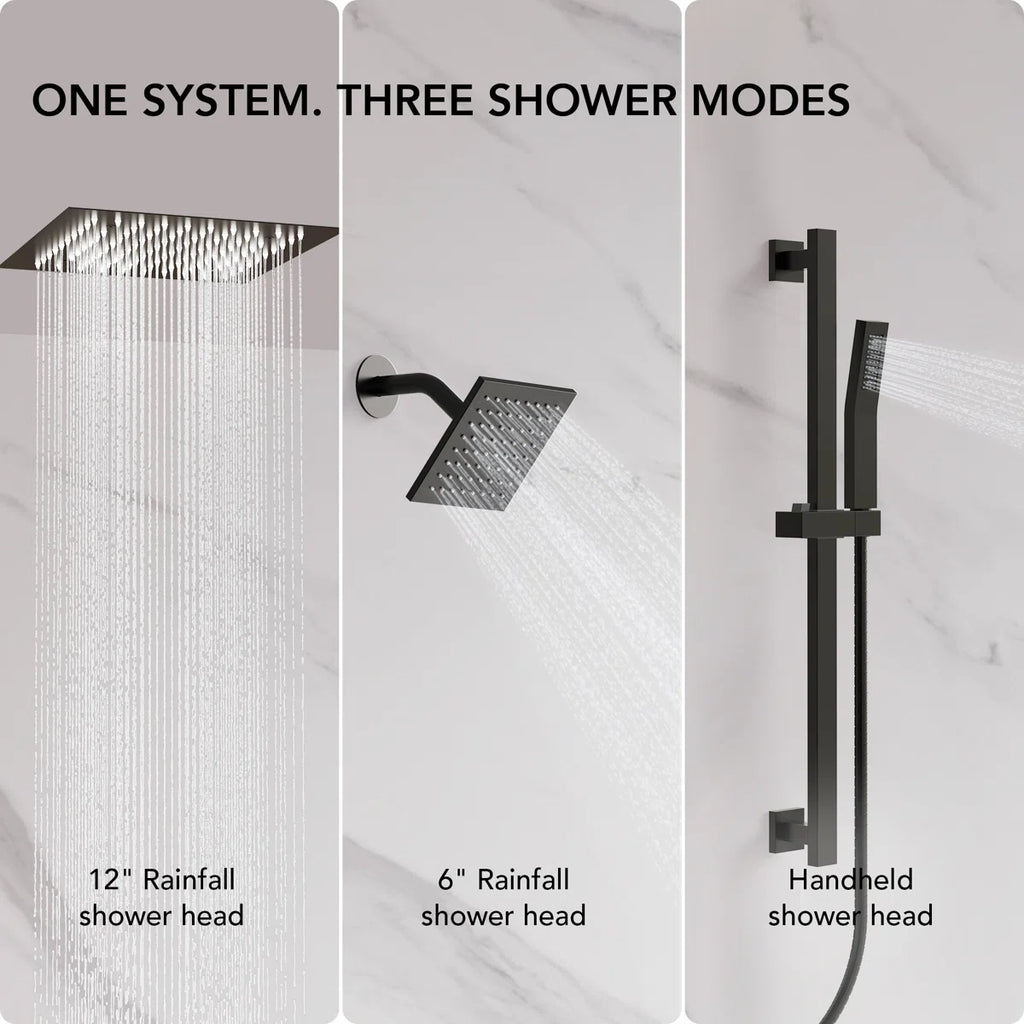 12" LED Ceiling-Mount Pressure-Balanced Rainfall Shower System with 6" Wall Shower Head and Slide Bar Handheld Shower LP05530-LY - Matte Black