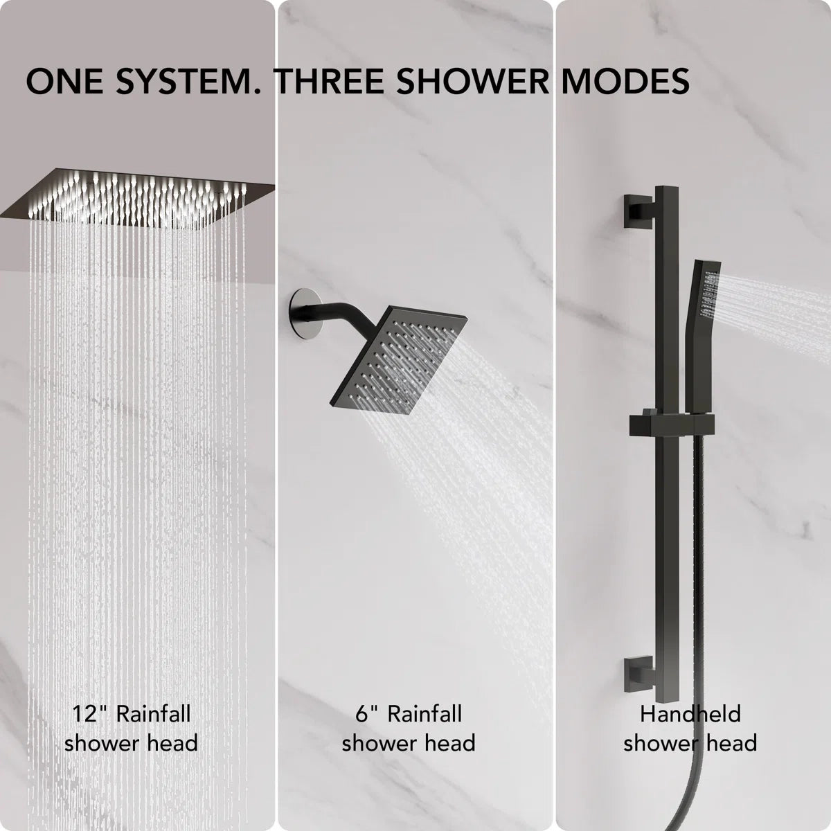 12" LED Ceiling-Mount Pressure-Balanced Rainfall Shower System with 6" Wall Shower Head and Slide Bar Handheld Shower LP05530-LY - Matte Black