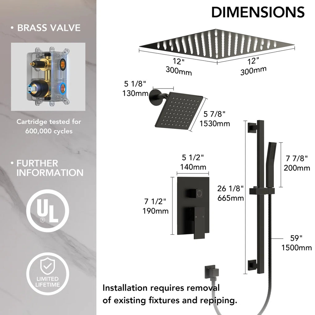 12" LED Ceiling-Mount Pressure-Balanced Rainfall Shower System with 6" Wall Shower Head and Slide Bar Handheld Shower LP05530-LY - Matte Black