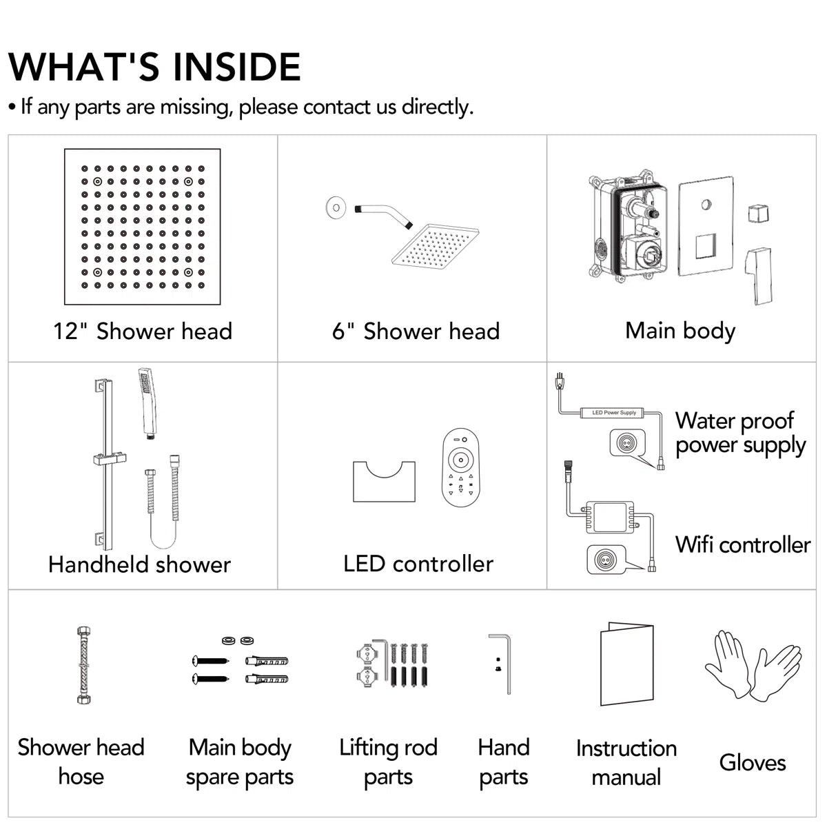 12" LED Ceiling-Mount Pressure-Balanced Rainfall Shower System with 6" Wall Shower Head and Slide Bar Handheld Shower LP05530-LY - Matte Black