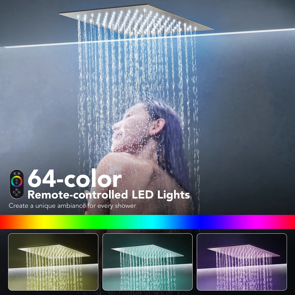 12" LED Ceiling-Mount Pressure-Balanced Rainfall Shower System with 6" Wall Shower Head and Slide Bar Handheld Shower LP98556-LY - Brushed Nickel