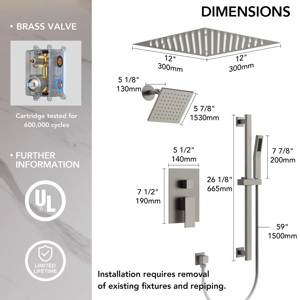 12" LED Ceiling-Mount Pressure-Balanced Rainfall Shower System with 6" Wall Shower Head and Slide Bar Handheld Shower LP98556-LY - Brushed Nickel