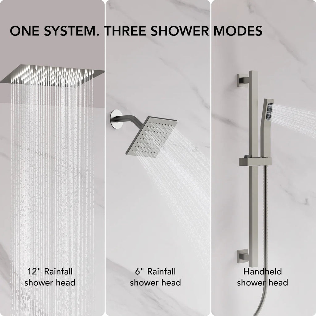 12" LED Ceiling-Mount Pressure-Balanced Rainfall Shower System with 6" Wall Shower Head and Slide Bar Handheld Shower LP98556-LY - Brushed Nickel