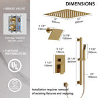 12" LED Ceiling-Mount Pressure-Balanced Rainfall Shower System with 6" Wall Shower Head and Slide Bar Handheld ShowerLP08891-LY - Brushed Gold