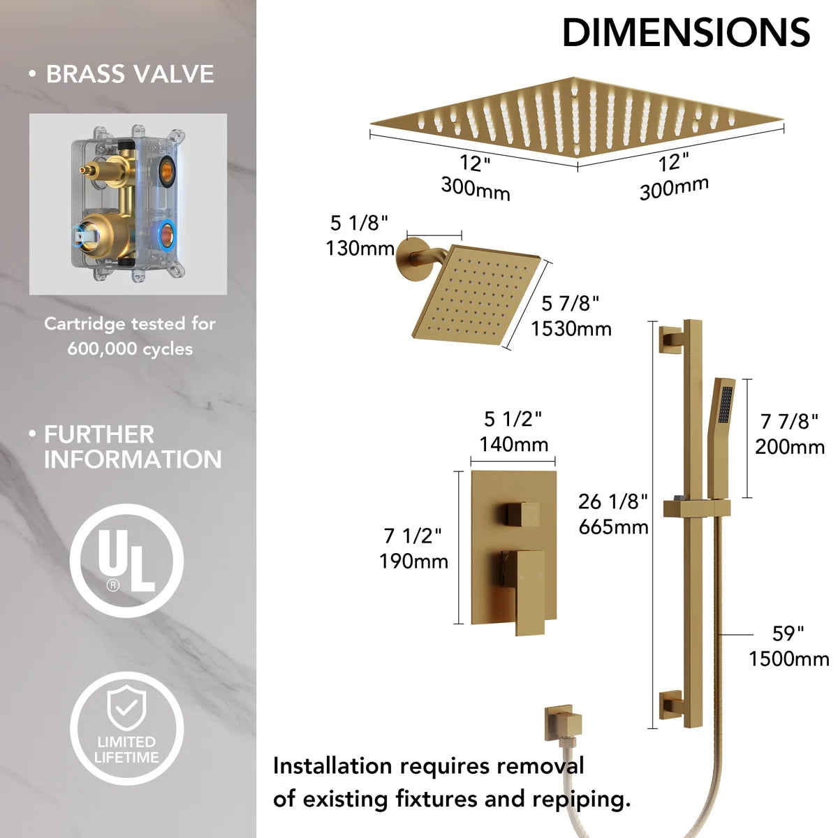 12" LED Ceiling-Mount Pressure-Balanced Rainfall Shower System with 6" Wall Shower Head and Slide Bar Handheld ShowerLP08891-LY - Brushed Gold
