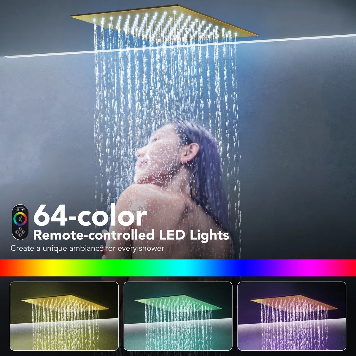 12" LED Ceiling-Mount Pressure-Balanced Rainfall Shower System with 6" Wall Shower Head and Slide Bar Handheld ShowerLP08891-LY - Brushed Gold