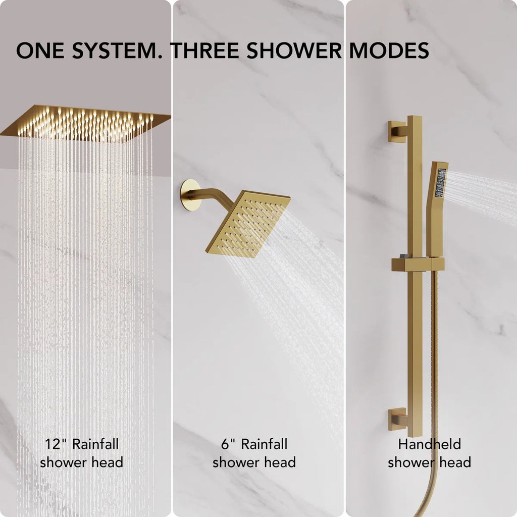 12" LED Ceiling-Mount Pressure-Balanced Rainfall Shower System with 6" Wall Shower Head and Slide Bar Handheld ShowerLP08891-LY - Brushed Gold