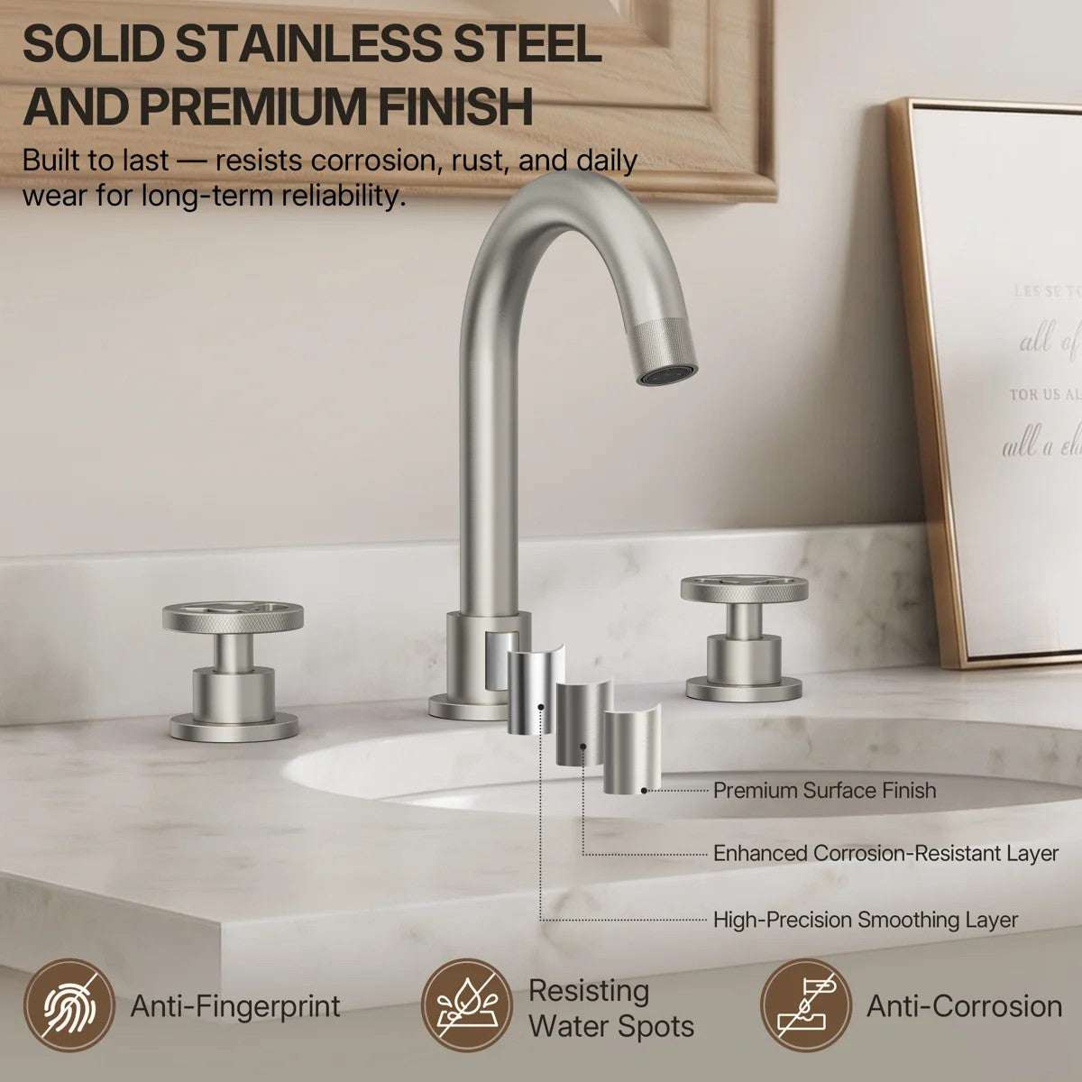 Widespread 3-Hole Bathroom Sink Faucet, 2-Handle Faucet with Wheel Knob Handles and Drain Assembly LP08100-YS - Brushed Nickel