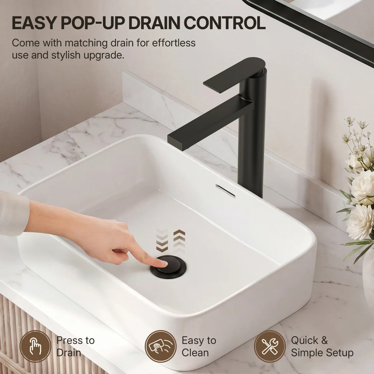 Single Hole Vessel Bathroom Faucet, Single Handle Vessel Bathroom Sink Faucet with Drain Assembly LP0095-YS - Matte Black