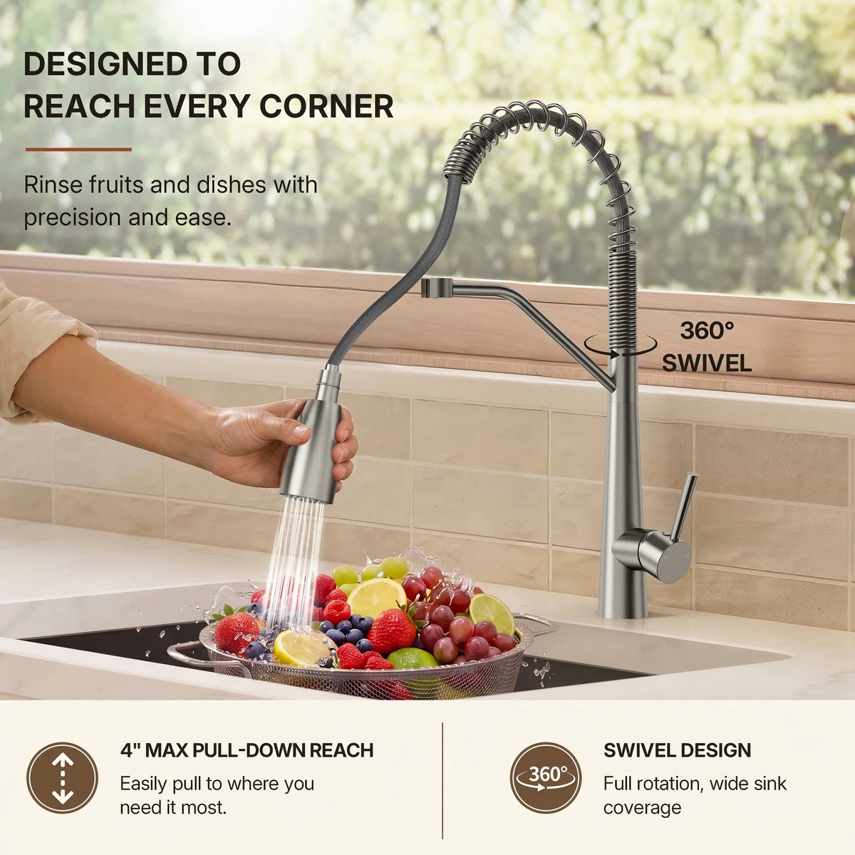 Commercial Dual-Function Pull Down Kitchen Faucet with High Arc Spring Spout LP04412-CF - Brushed Nickel