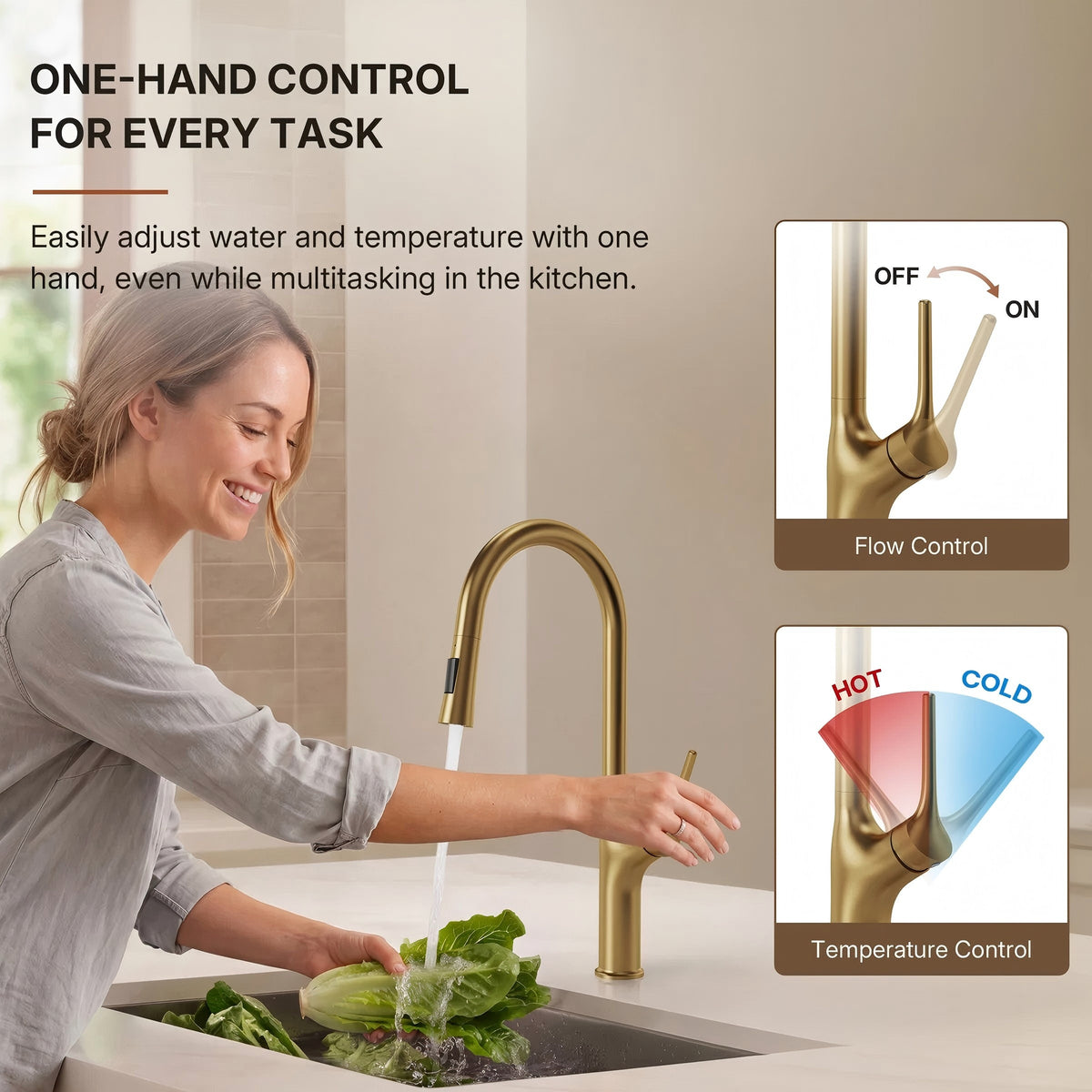 Pull Down Single Handle Kitchen Faucet with Dual Function LP0996-CF - Brushed Gold