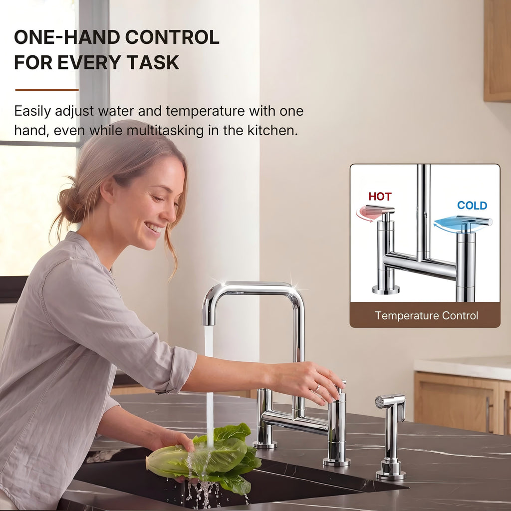 Bridge Kitchen Faucet with Swivel Spout, 2-Handle Kitchen Faucet with Side Spray LP089-CF - Chrome