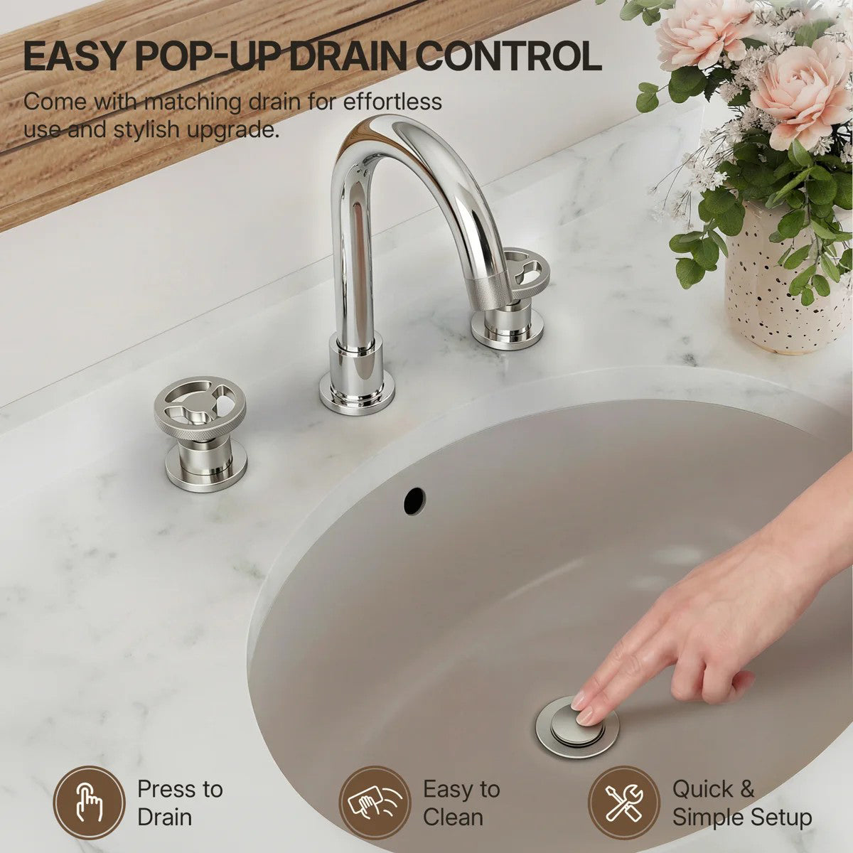 Widespread 3-Hole Bathroom Sink Faucet, 2-Handle Faucet with Wheel Knob Handles and Drain Assembly LP0910-YS - Chrome