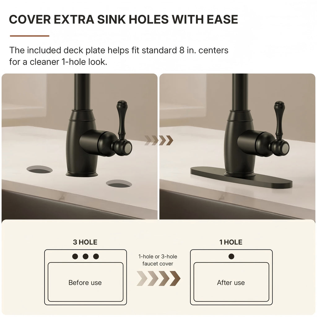 Pull-Down Kitchen Faucet with Deck Plate, Single Handle Sink Faucet with Sprayer LP099123-CFK- Matte Black
