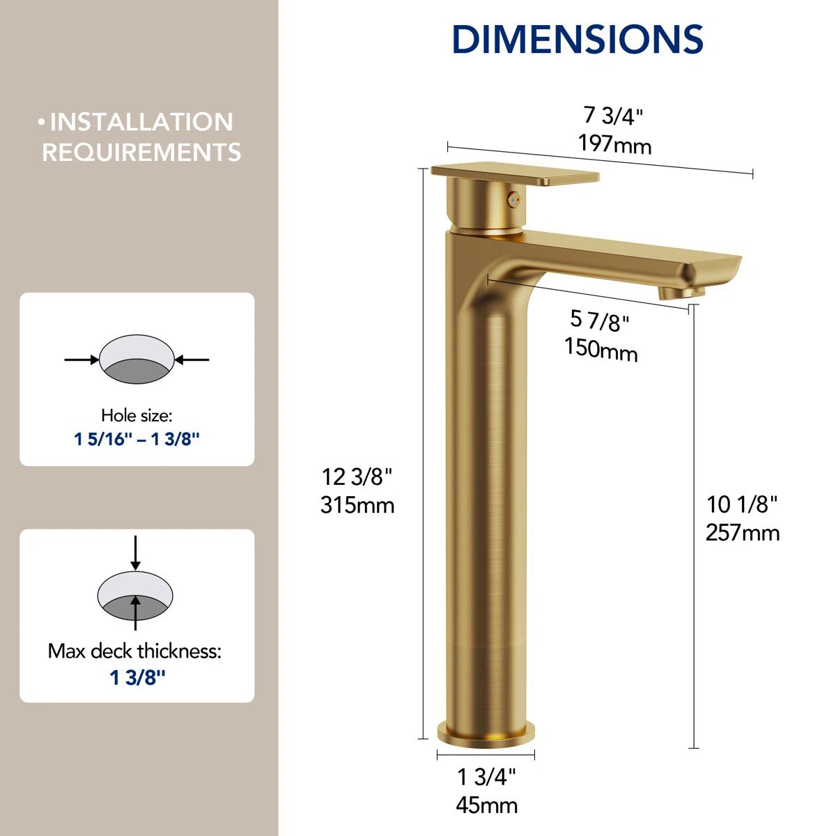 Single Hole Vessel Bathroom Faucet, Single Handle Bathroom Sink Faucet with Drain Assembly LP0096-YS - Brushed Gold