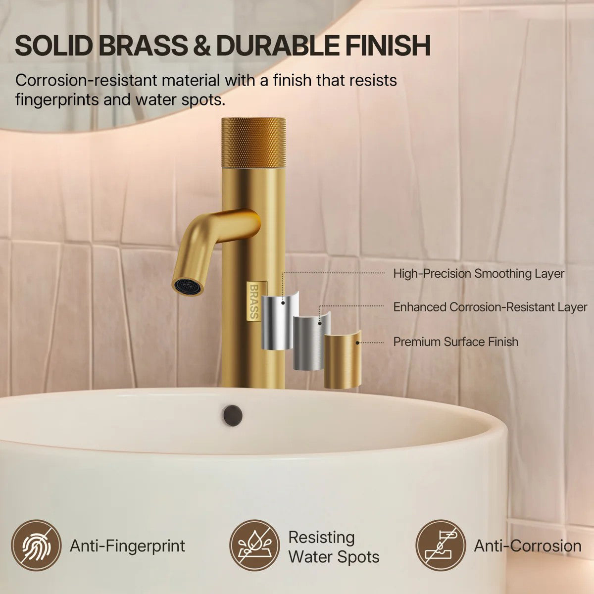 Single Hole Bathroom Vessel Faucet, Single Handle Bathroom Vessel Sink Faucet with Drain Assembly LP0223144-YS - Brushed Gold