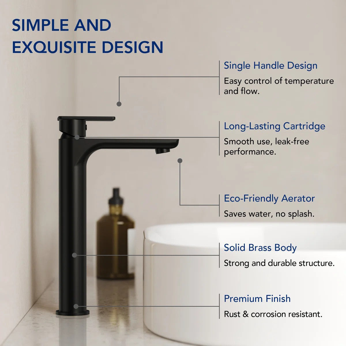 Single Handle Vessel Bathroom Faucet, Single Hole Vessel Bathroom Sink Faucet with Drain Assembly LP0097-YS - Matte Black