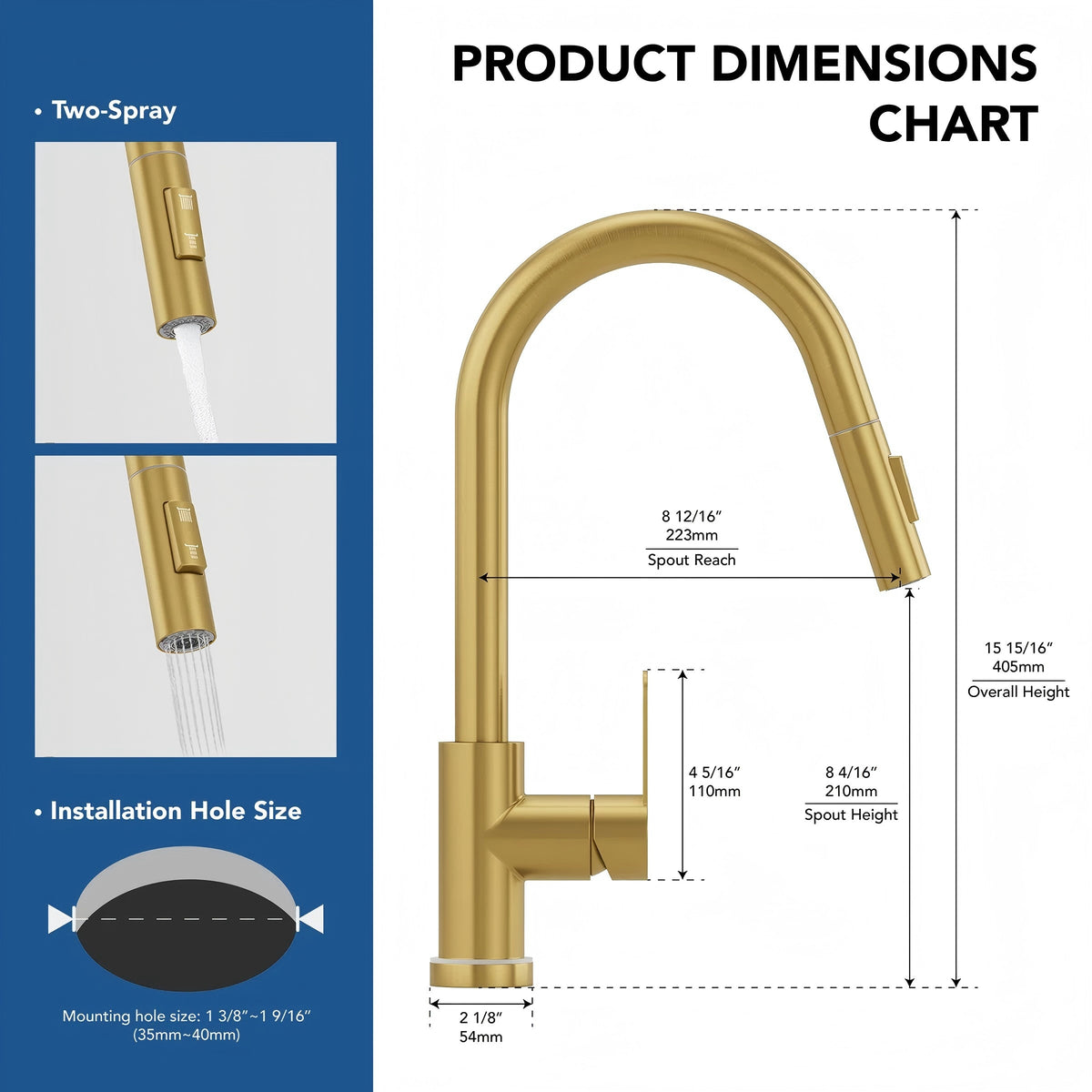 Pull Down Sprayer Kitchen Sink Faucet, Single Handle Kitchen Faucet with LED Light Base LP330088-CF- Brushed Gold