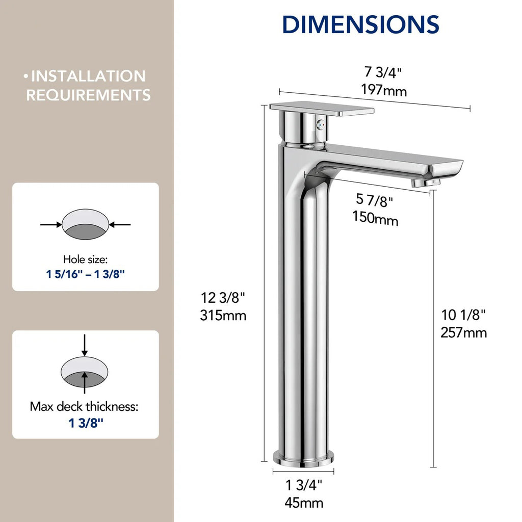Single Hole Vessel Bathroom Faucet, Single Handle Bathroom Sink Faucet with Drain Assembly LP0098-YS - Chrome