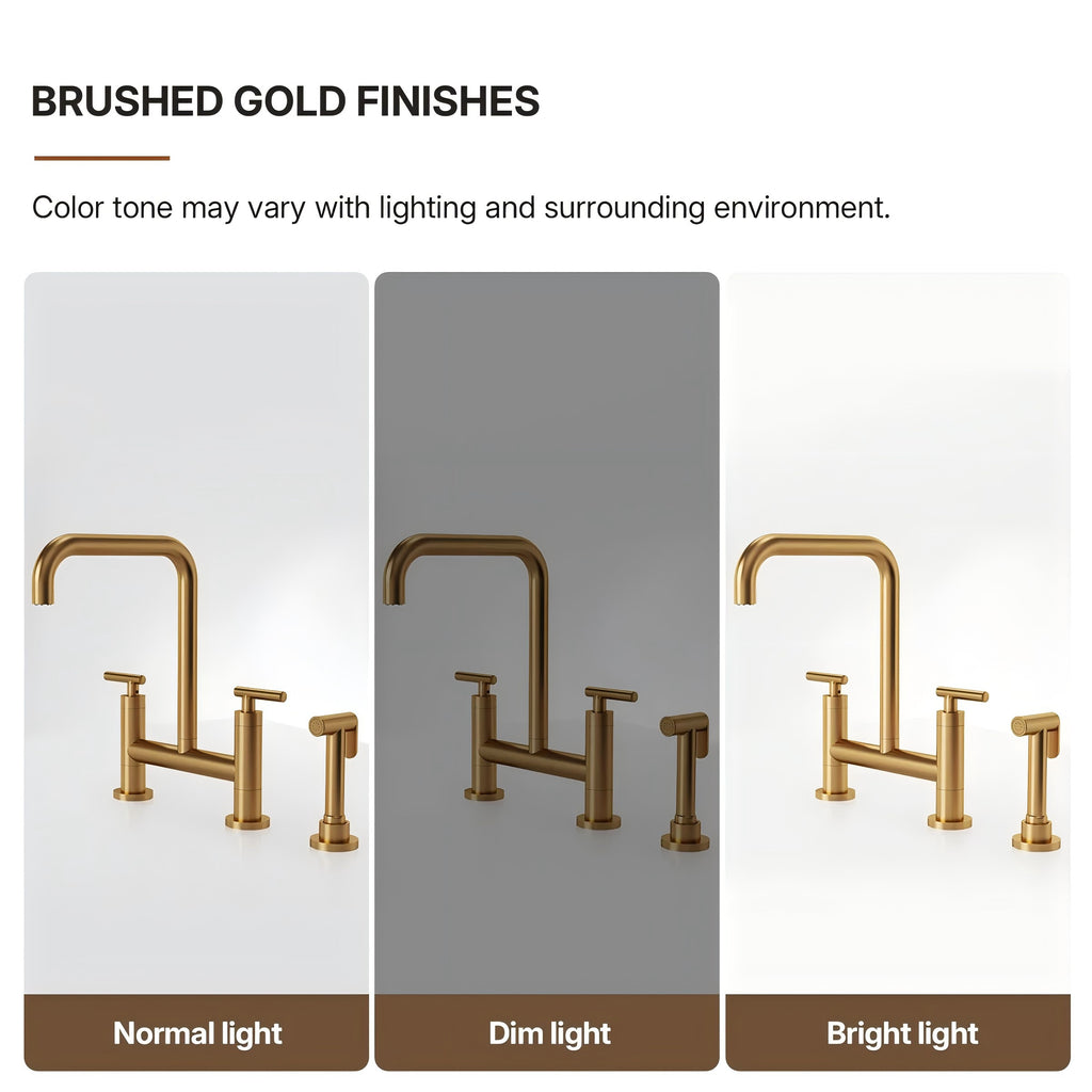 Bridge Kitchen Faucet with Swivel Spout, 2-Handle Kitchen Faucet with Side Spray LP090-CF - Brushed Gold