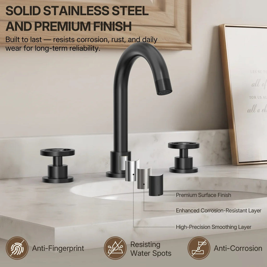 Widespread 3-Hole Bathroom Sink Faucet, 2-Handle Faucet with Wheel Knob Handles and Drain Assembly LP091-YS - Matte Black