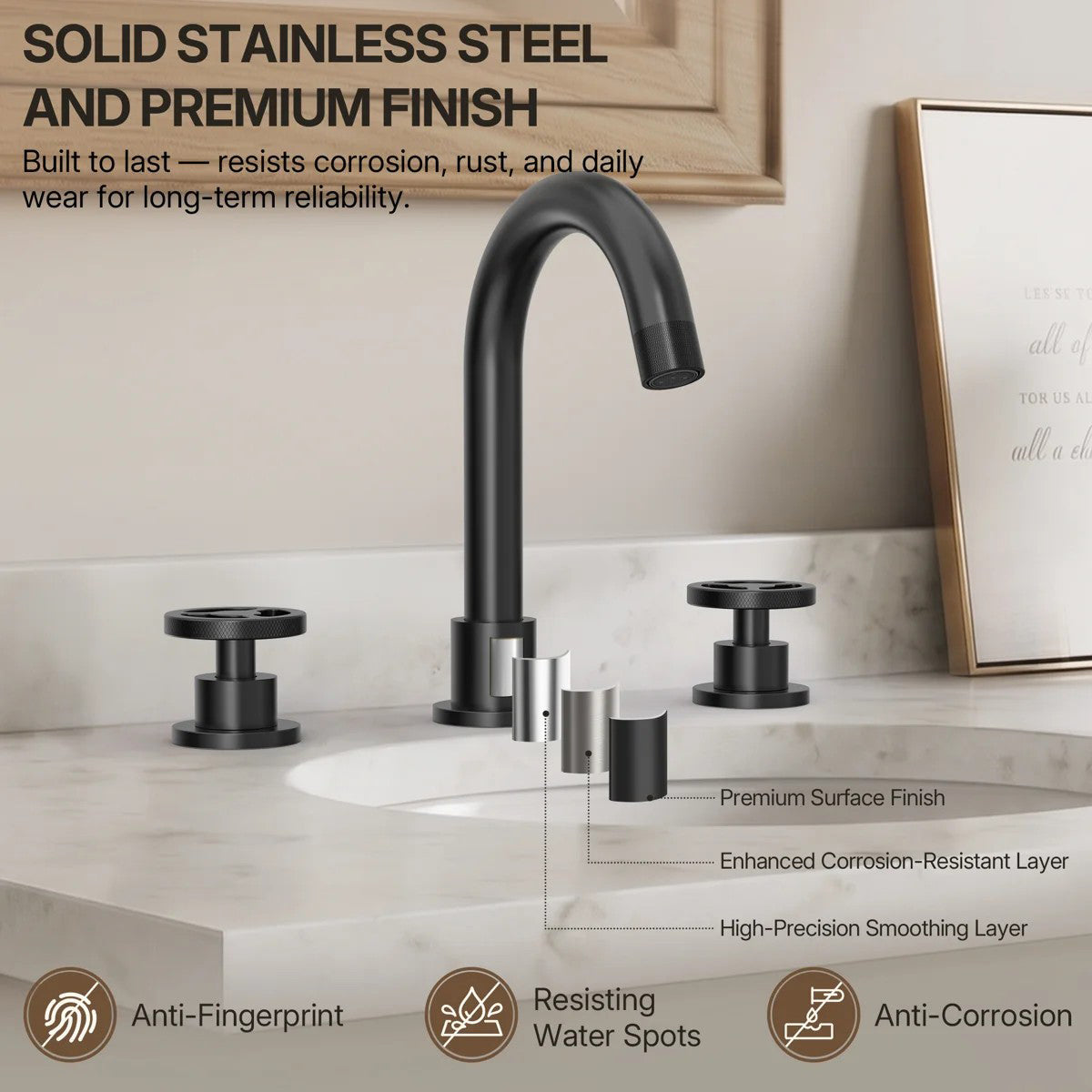 Widespread 3-Hole Bathroom Sink Faucet, 2-Handle Faucet with Wheel Knob Handles and Drain Assembly LP091-YS - Matte Black