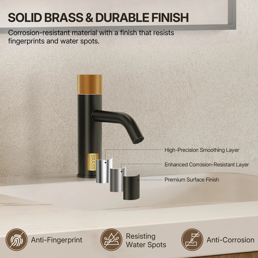 Single Hole Bathroom Faucet,Knob Single Handle Bathroom Sink Faucet with Drain Assembly LP0088-YS - Matte Black/Brushed Gold