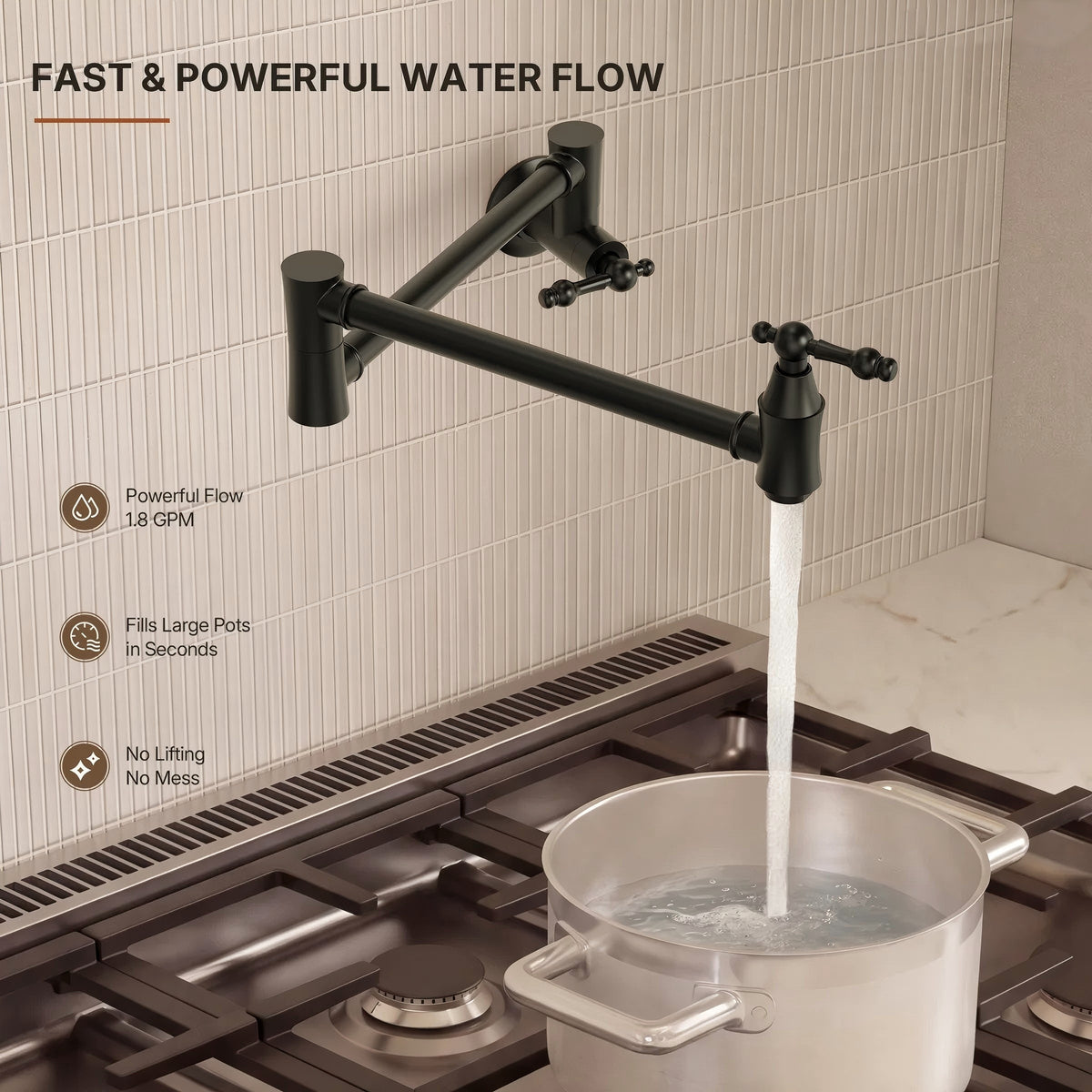 Wall Mount Swing Arm Folding Pot Filler Kitchen Faucet, 2-Handle Kitchen Faucet for Stove Use LP98-CF - Matte Black