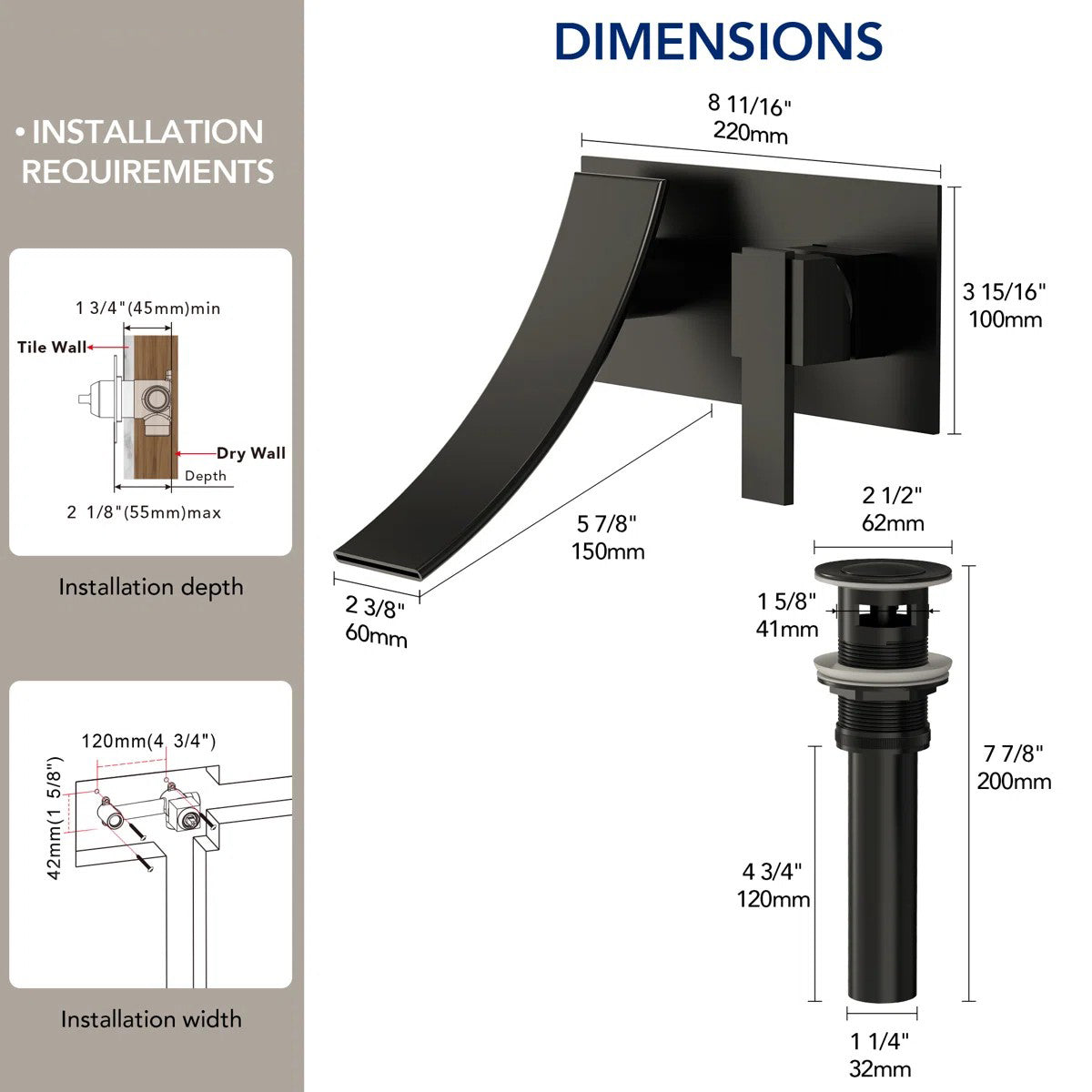 Wall Mounted Bathroom Sink Faucet, Single-handle Bathroom Faucet with Drain Assembly LP77109-YS - Matte Black