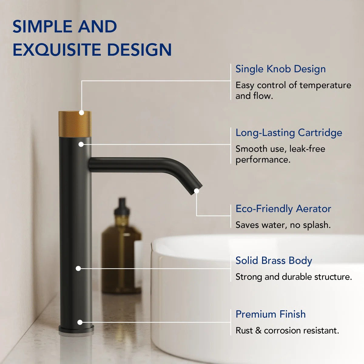Single Hole Bathroom Vessel Faucet, Single Handle Bathroom Vessel Sink Faucet with Drain Assembly LP0220266-YS - Matte Black/Brushed Gold