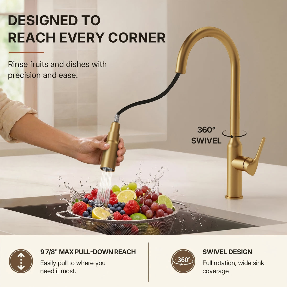 Dual-Function Single-Handle Pull-Down Kitchen Faucet with Swivel Spout LP132-CF - Brushed Gold