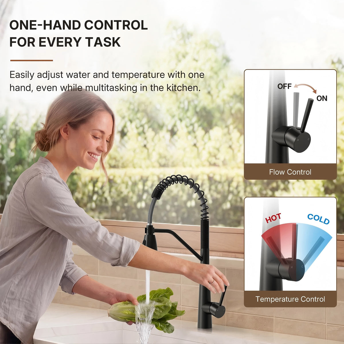 Commercial Dual-Function Pull Down Kitchen Faucet with High Arc Spring Spout LP0557-CFK - Matte Black