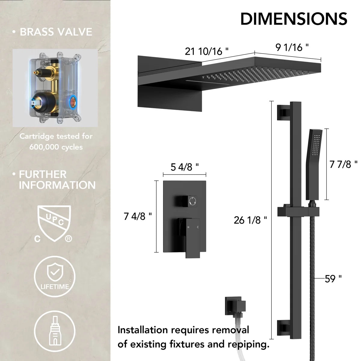 22" Waterfall & Rainfall Shower System with Adjustable Slide Bar Handheld Shower and Pressure-Balanced Valve LP03343-LY - Matte Black