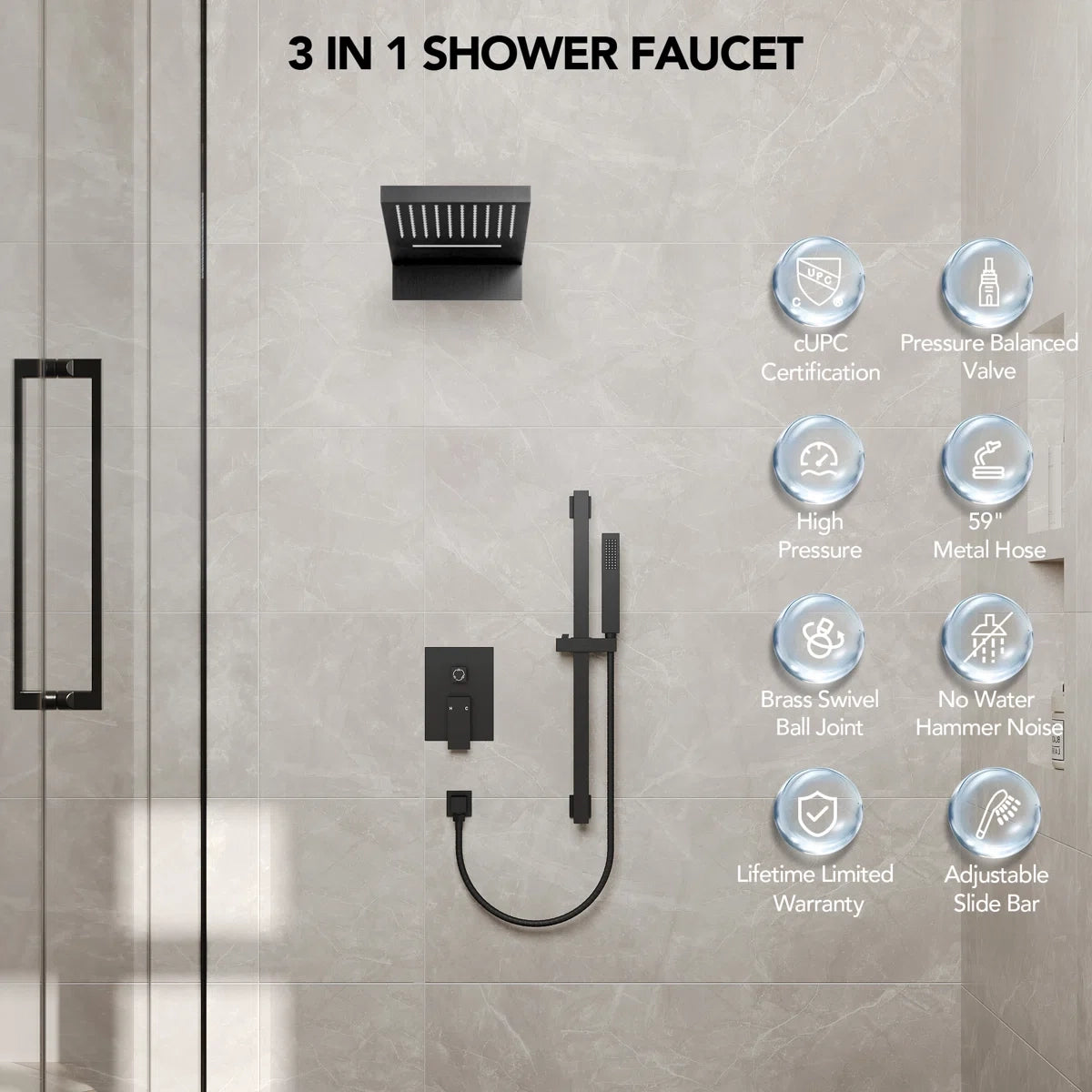 22" Waterfall & Rainfall Shower System with Adjustable Slide Bar Handheld Shower and Pressure-Balanced Valve LP03343-LY - Matte Black